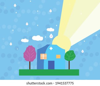 Depicted is a Medical Clinic, a wide spectrum polyclinic around trees, sun, sky. Vector graphics 