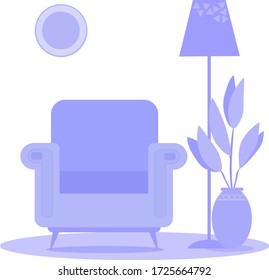 Depicted part of the interior, furniture. Armchair, next to which are a flowerpot with a floor lamp. Done in shades of blue. Harmoniously selected colors. Flat vector image.