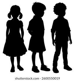 Depicted are the silhouettes of three children against a solid white backdrop. On the left, a girl wearing a dress stands with her hands at her side. 
