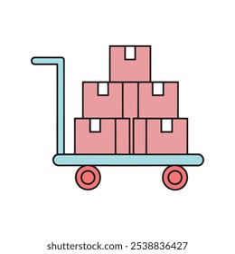 Representando um carrinho carregado com caixas, ilustrando um design minimalista isolado ilustração vetor plana de arte de doodle line em fundo branco.