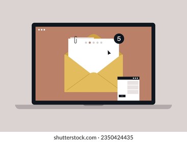 Depicting the concept of email, an image of a letter with an attachment enclosed in a yellow envelope appears on the laptop monitor