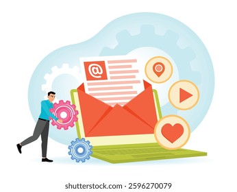 Depicting email marketing, featuring a businessman, an open laptop, equipment, and promotional icons, representing communication and digital optimization. Flat vector illustration
