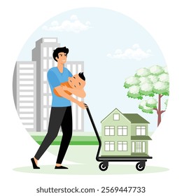 Depicting a father holding his baby while pushing a hand truck carrying a model house, with urban and natural background elements. Flat vector modern illustration 