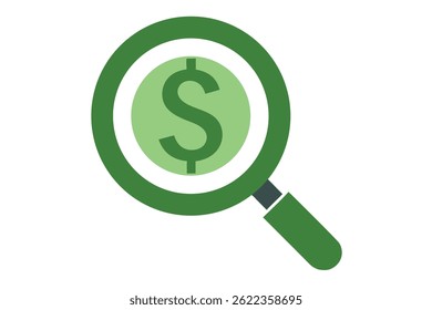 Depicting a green magnifying glass examining a green coin with a dollar symbol, this visual illustrates financial scrutiny and investment opportunities. Isolated on a white background.