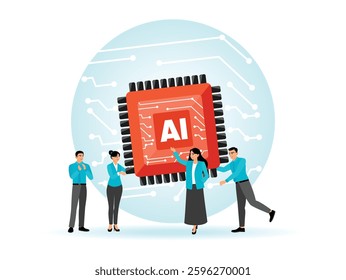 Depicting individuals collaborating around an artificial intelligence processor, symbolizing teamwork and futuristic technological advances.  Flat vector illustration