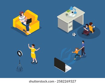 Depicting Internet Addiction and Digital Dependency 3d isometric vector illustration