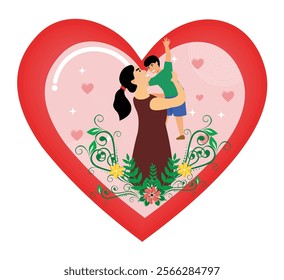 Depicting a mother lovingly holding her child inside a heart shaped frame expressing familial affection and care, complemented by floral and decorative designs. Flat vector modern illustration 