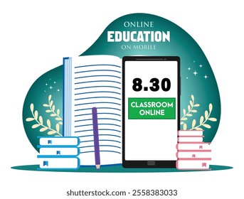 Depicting online education using a smart phone alongside books and notebook, emphasizing digital learning. Flat vector modern illustration 