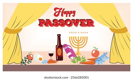 Depicting a Passover celebration setup, featuring traditional food items, a menorah, and decor elements symbolizing the cultural and spiritual spirit of Passover. Flat vector modern illustration 