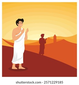 Depicting a person in traditional attire performing a prayer in a serene desert setting, with warm tones of sunrise or sunset emphasizing peace and spirituality. Flat vector modern illustration 