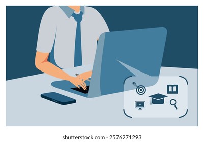Depicting a person typing on a laptop in a professional setting, highlighting educational and technological themes through graphical including a graduation cap, book, and targeting element. 