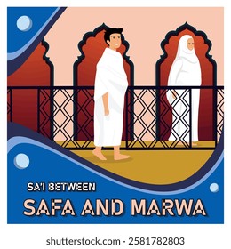 Depicting pilgrims dressed in Ihram garments walking between Safa and Marwa during the act of Sa'i, a significant ritual during the Islamic pilgrimage of Hajj. Flat vector modern illustration 