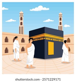 Depicting pilgrims engaged in spiritual activity around the Kaaba in Mecca, capturing a serene and religious atmosphere. Flat vector modern illustration 