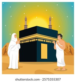 Depicting pilgrims in traditional attire near Kaaba in Mecca during a serene sunset, representing faith, devotion, and a key moment of Islamic worship. Flat vector modern illustration 