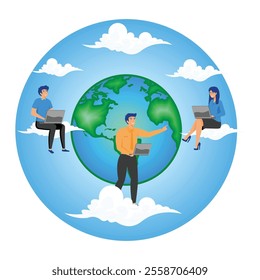 Depicting professionals working remotely on laptops, symbolizing global connectivity and teamwork amidst the digital era. Flat vector modern illustration 