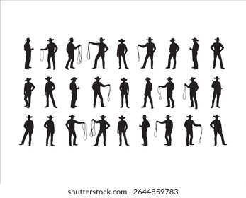 Depicting the spirit of the American West, this vector illustration features a collection of silhouette cowboy figures skillfully posing with lariats.