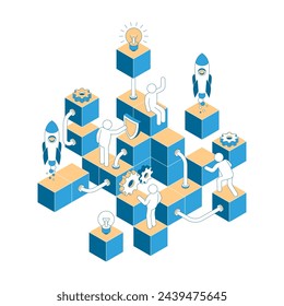 Depicting a startup development scene with characters engaged in various activities on interconnected blocks, symbolizing teamwork and innovation. Isometric vector illustration