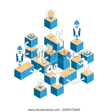Depicting a startup development scene with characters engaged in various activities on interconnected blocks, symbolizing teamwork and innovation. Isometric vector illustration