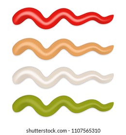 depicting strips of different sauce isolated. mayonnaise, ketchup, mustard,  wasabi