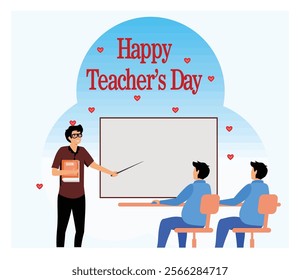 Depicting Teacher's Day celebration with a teacher and students in a classroom setting. The image captures educational themes, gratitude for educators. Flat vector modern illustration 