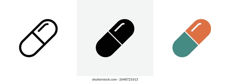 Depicting three distinct styles of capsule icons against a bright white backdrop, this graphic offers a simple yet versatile image suitable for pharmaceutical or healthcare related content.