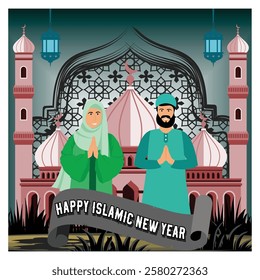 Depicting two people in traditional attire celebrating Islamic New Year in front of a mosque. Includes decorative patterns, lanterns. Flat vector modern illustration 