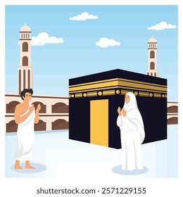 Depicting two pilgrims in traditional attire praying near the Kaaba in Mecca, symbolizing faith and devotion during the holy pilgrimage of Hajj. Flat vector modern illustration 