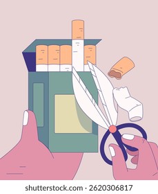 Representando uma narrativa visual da luta contra o tabagismo, esta imagem mostra uma tesoura cortando cigarros. O tema central aqui é o conceito de parar de fumar.