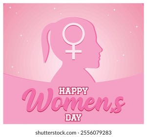 Depicting Women Day celebration with a feminine silhouette and symbol on a pink background. This design conveys empowerment, femininity. Flat vector modern illustration 