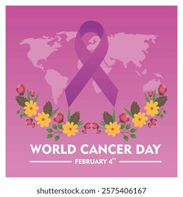 Depicting World Cancer Day with a purple ribbon, colorful flowers, and global map background, symbolizing awareness, unity, hope, and support.  Flat vector modern illustration 