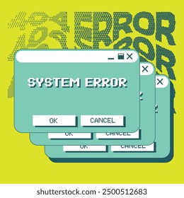 Depiction of 404 System Error with Repeated Dialogs screen Illustration, Neon Green Tone