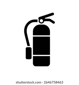 Representação de um ícone de extintor de incêndio preto, ilustrando a segurança, prevenção e equipamento de emergência, com um bico, corpo e mangueira isolados sobre um fundo branco.