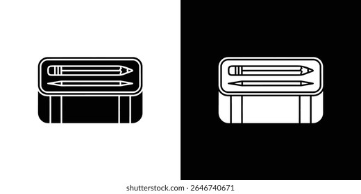 Depiction of a black and white, split-screen image showing a pencil case containing two pencils and an eraser. The icon is minimalistic with bold outlines.