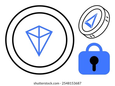 Representación de una criptomoneda geométrica azul y un símbolo de candado azul. Ideal para temas de criptomonedas, seguridad digital, tecnología blockchain, transacciones en línea y presentaciones de fintech. Vector limpio