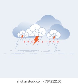 Depiction of brainstorming technique. Brain and storm wordplay concept. Vector illustration.