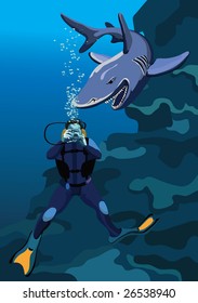 The depiction of a careless frogman and a shark.