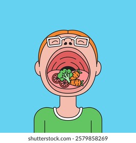 Depiction of a child with a large open mouth filled with healthy vegetables cartoon illustration  perfect for nutrition and health theme