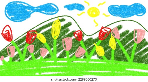 Depiction of children with pencil crayons. Flower view with pencil crayons