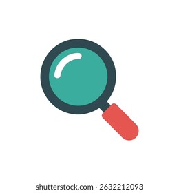 Depiction of a classic teal magnifying glass with a red handle on a white background. The simple design and clear imagery convey precision.