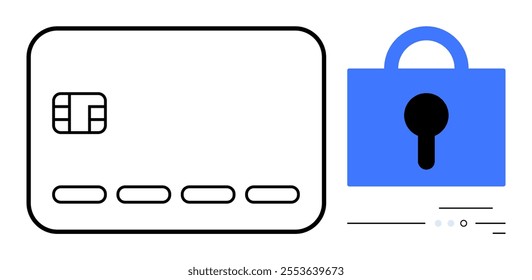 Depiction of a credit card and a padlock with a keyhole. Ideal for online security, financial transactions, data protection, cybersecurity awareness, and privacy. Simple vector style