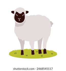 A depiction of a cute cartoon sheep standing on a grassy patch, with a simple and cheerful design.