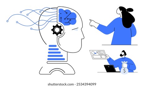 Representação de um cérebro digital com engrenagens e conexões de dados, uma mulher apontando, e um homem com dinheiro e um computador. Ideal para IA, robótica, ciência de dados, educação e inovação empresarial