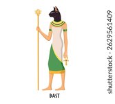 Depiction of Egyptian goddess Bastet with cat head, in traditional outfit, on white background. Concept of ancient Egypt and mythology. Vector illustration