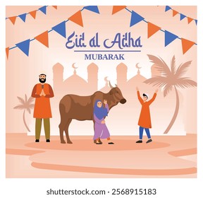 Depiction of a family in traditional attire celebrating Eid al-Adha with joy and unity near a cow. Flat vector modern illustration 