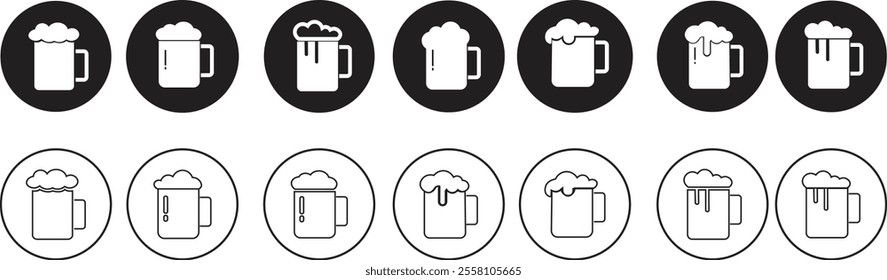 Depiction of frothy beer mug icon set isolated on transparent background. Ideal for pubs, breweries, and beer enthusiasts seeking vintage charm black flat and line vector collection drink glass symbol