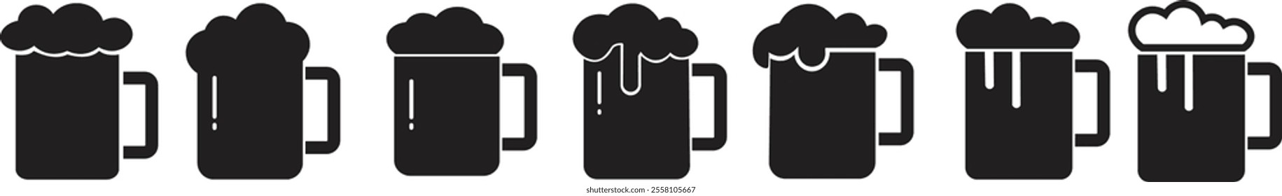 Depiction of frothy beer mug icon set isolated on transparent background. Ideal for pubs, breweries, and beer enthusiasts seeking vintage charm black flat vector collection drink glass symbol