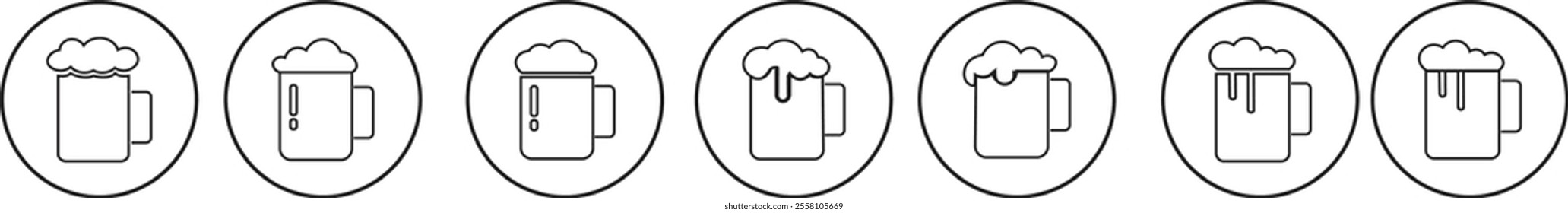 Depiction of frothy beer mug icon set isolated on transparent background. Ideal for pubs, breweries, and beer enthusiasts seeking vintage charm black line vector collection drink glass symbol