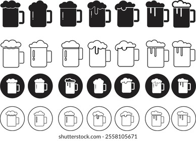 Depiction of frothy beer mug icon set isolated on transparent background. Ideal for pubs, breweries, and beer enthusiasts seeking vintage charm black flat and line vector collection drink glass symbol