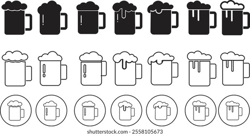 Depiction of frothy beer mug icon set isolated on transparent background. Ideal for pubs, breweries, and beer enthusiasts seeking vintage charm black flat and line vector collection drink glass symbol