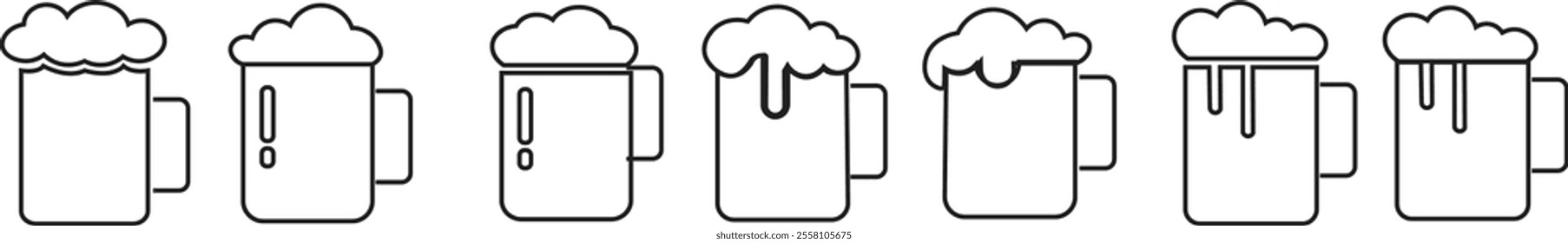 Depiction of frothy beer mug icon set isolated on transparent background. Ideal for pubs, breweries, and beer enthusiasts seeking vintage charm black line vector collection drink glass symbol